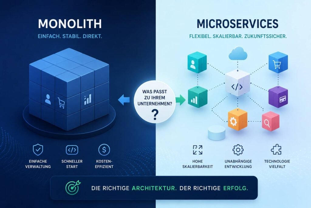 Vergleich zwischen Microservices und Monolith Softwarearchitektur für Unternehmen